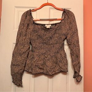 Brown and Black Leopard-like Printed Squareneck Blouse